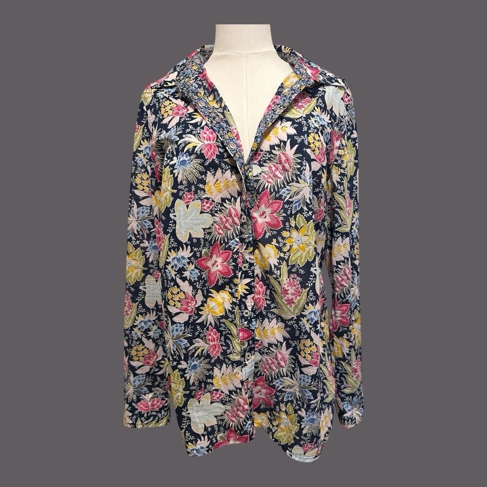 Talbots Button Down Shirt Women's Medium‎ Blue Floral Cotton Cottagecore Preppy